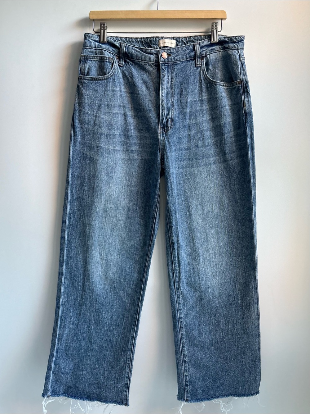 Oliver Logan High Rise Wide Leg Frayed Hem Cropped Jeans Blue Denim Size 33